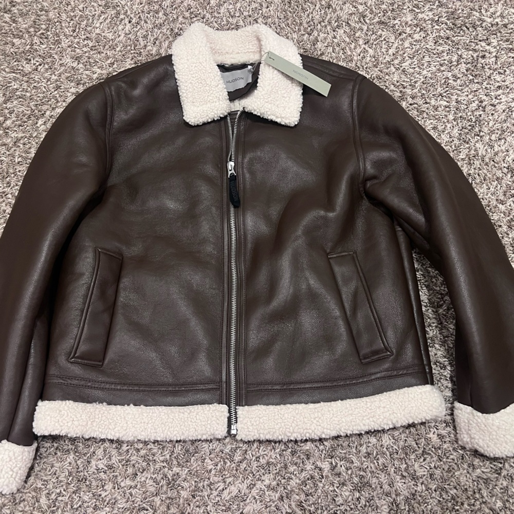 Hudson- Faux Leather Brown Aviator Style Jacket with Sherpa Lining